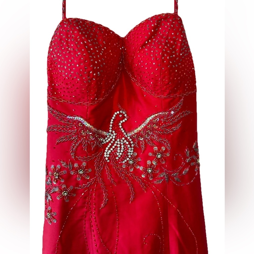VTG Y2K Red Beaded Phoenix Halter Gown XS/S Mermaid Prom Dress One Of A Kind